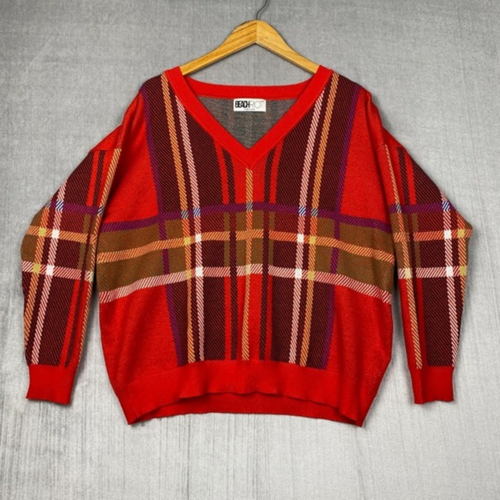 BEACHRIOT Womens Joey‎ Sweater Slouchy S Plaid V Neck Holidays Academia Preppy